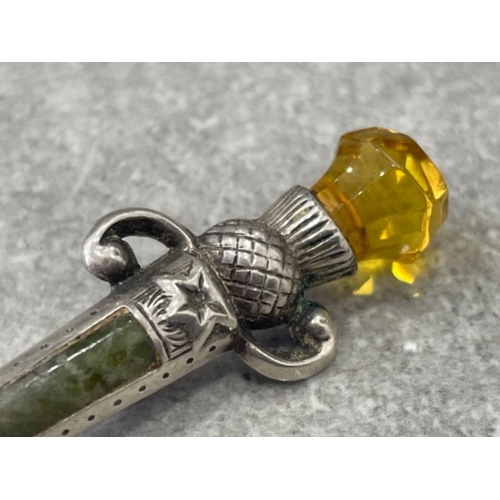 282 - SILVER SWORD BROOCH WITH YELLOW STONE AND GREEN INLAY