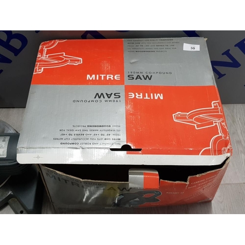 30 - MITRE SAW 190 MM COMPOUND IN BOX WITH 2 PACK OF CIRCULAR SAW BLADES