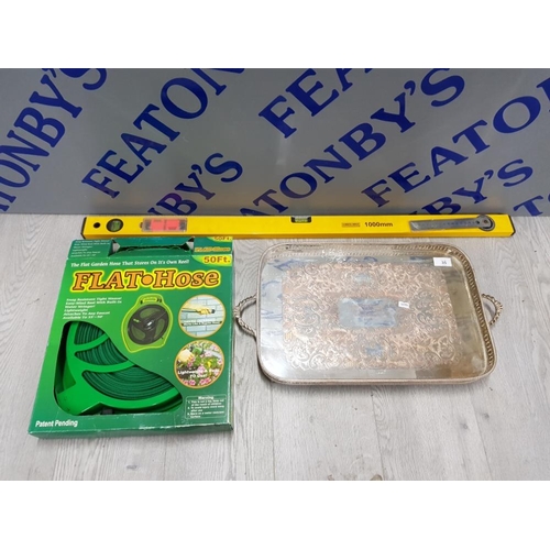 35 - MIXED ITEMS INCLUDING FLAT 50 FOOT HOSE, MULTIPURPOSE SPIRIT LEVEL AND WHITE METAL SERVING TRAY