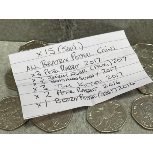 463 - 15 X COLLECTABLE 50P COINS INCLUDING DIFFERENT DATE PETER RABBIT TOM KITTEN & OTHERS