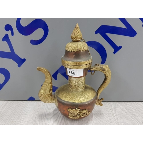 466 - ORIENTAL TEA POT WITH COPPER AND BRASS DECORATION