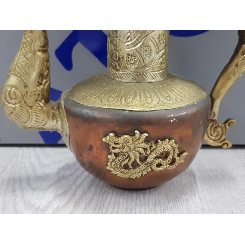 466 - ORIENTAL TEA POT WITH COPPER AND BRASS DECORATION