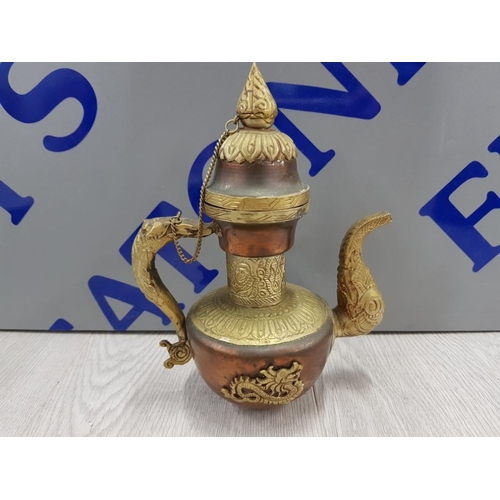 466 - ORIENTAL TEA POT WITH COPPER AND BRASS DECORATION