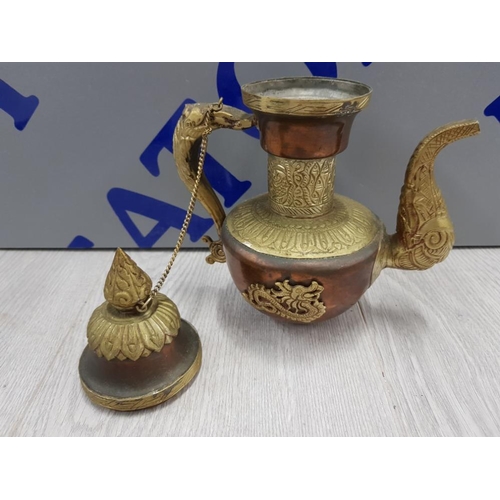 466 - ORIENTAL TEA POT WITH COPPER AND BRASS DECORATION