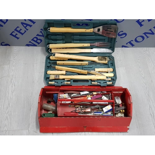 69 - METAL TOOLBOX WITH TOOLS AND BBQ SET IN BOX