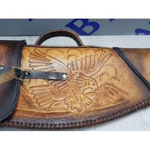 7 - HIGHLY DECORATIVE LEATHER RIFLE CASE WITH BIRD AND FLORAL PATTERN INSCRIBED JF AND MEXICO