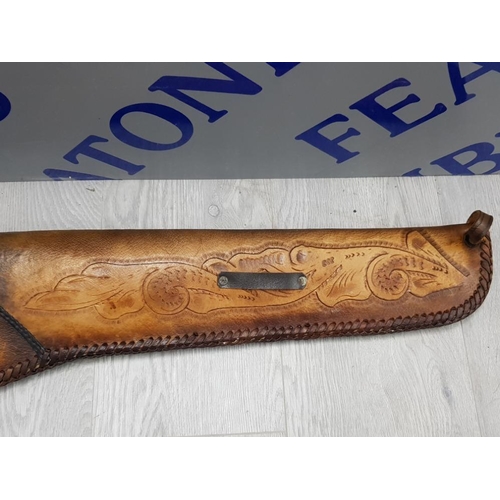 7 - HIGHLY DECORATIVE LEATHER RIFLE CASE WITH BIRD AND FLORAL PATTERN INSCRIBED JF AND MEXICO