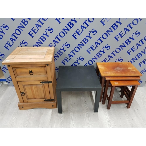 81 - MEXICAN PINE 1 DRAW OVER 1 DOOR UNIT, SMALL BLACK TABLE AND NEST OF 3 TABLES