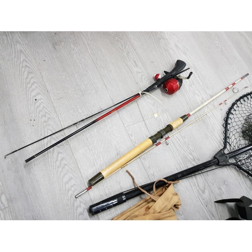 82 - 2 FISHING RODS ONE OF WHICH MILBRO WITH REEL, NET AND BAIT BOX WITH CONTENT