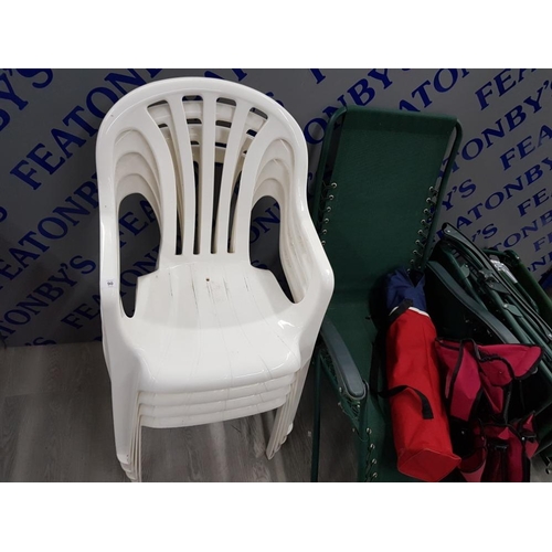 90 - 4 RECLINING GARDEN CHAIRS, 4 WHITE PLASTIC CHAIRS AND 2 CAMPING CHAIRS