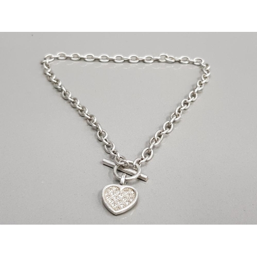 47 - 16 INCH HALLMARKED SILVER ALBERT TYPE CHAIN WITH T BAR AND HEART SHAPED DEVICE MARKED 925 AND INLAID... 