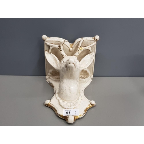 61 - ANTIQUE VICTORIAN SCOTTISH POTTERY DEERS HEAD SUPPORTING AN INTEGRAL SHELF