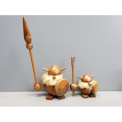 63 - 2 1960S DENMARK/NORWAY TEAK GONKS AS VIKINGS WITH SHIELDS AND WEAPONS