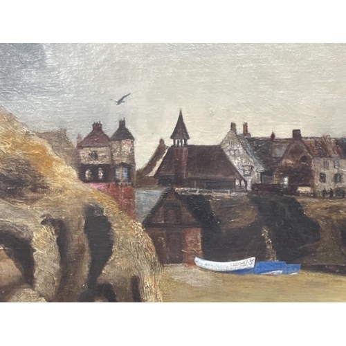 139 - RONALD MOORE OIL ON BOARD PAINTING OF CULLERCOATS 78CMS X 61CMS