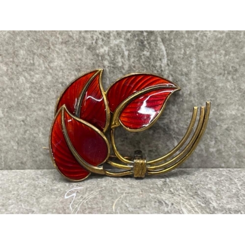 151 - VINTAGE DESIGNER STERLING SILVER AND GUILLOCHE ENAMEL LEAF BROOCH BERNARD MELDAHL 1940S MORE UNUSUAL... 