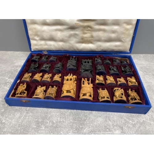 197 - HAND CARVED ASIAN CHESS SET MISSING 1 PAWN