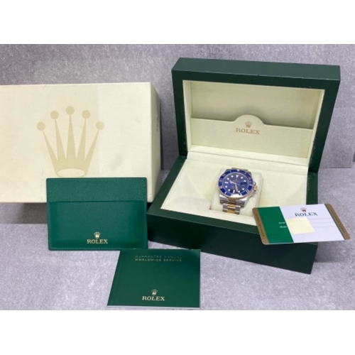 200 - ROLEX SUBMARINER 2019 BI METAL OYSTER PERPETUAL DATE BLUE FACE AND BEZEL WITH ORIGINAL BOX AND PAPER... 