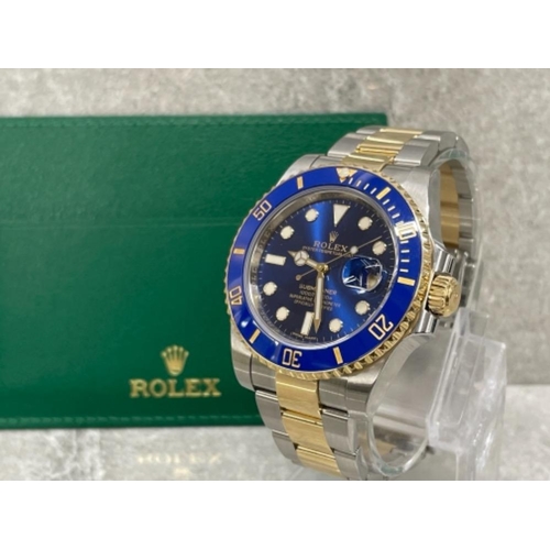 200 - ROLEX SUBMARINER 2019 BI METAL OYSTER PERPETUAL DATE BLUE FACE AND BEZEL WITH ORIGINAL BOX AND PAPER... 