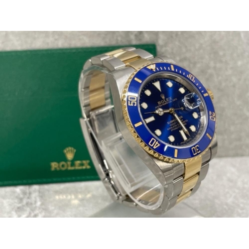 200 - ROLEX SUBMARINER 2019 BI METAL OYSTER PERPETUAL DATE BLUE FACE AND BEZEL WITH ORIGINAL BOX AND PAPER... 