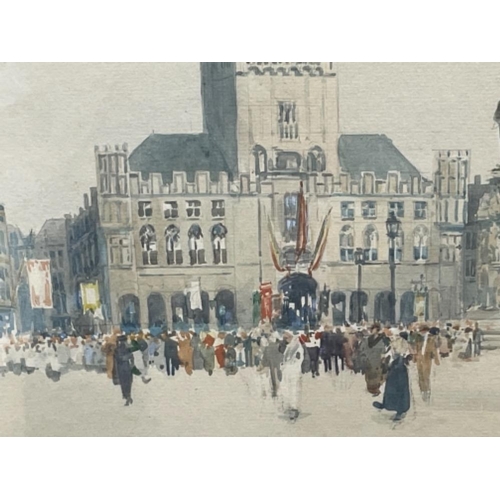 213 - VICTOR NOBLE RAINBIRD 1887-1936 WATER COLOUR A PROCESSION BRUGES 34CMS X 23CMS SIGNED BOTTOM LEFT