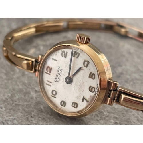 220 - 9CT GOLD VERTEX REVUE LADIES MECHANICAL WATCH ON 9CT GOLD STRAP 14.6G IN WORKING ORDER