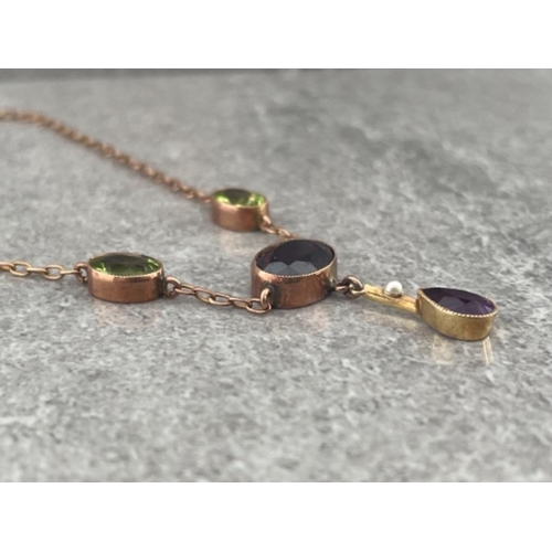 227 - 9CT ROSE GOLD PERIDOT GARNET AND AMETHYST SET NECKLET MAKER H & Co