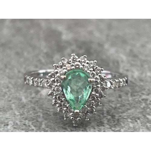 231 - 18CT WHITE GOLD PEAR SHAPE EMERALD WITH DOUBLE BORDER OF 36 DIAMONDS IN CLUSTER AND 10 DIAMONDS ON T... 