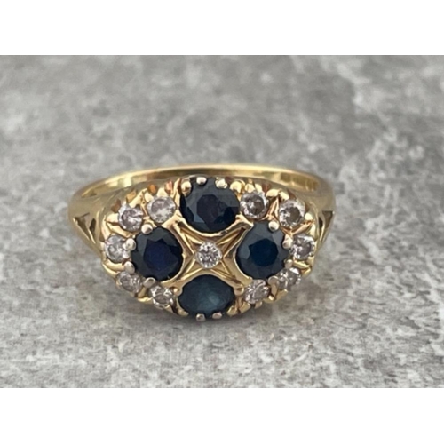 232 - 18CT GOLD CLUSTER RING SET WITH 4 SAPPHIRES AND 11 DIAMONDS 4G SIZE N