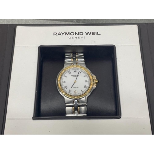 252 - RAYMOND WEIL 18CT GOLD AND STAINLESS STEEL BI METAL PARSIFAL WATCH BOXED IN WORKING ORDER