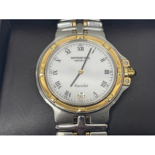 252 - RAYMOND WEIL 18CT GOLD AND STAINLESS STEEL BI METAL PARSIFAL WATCH BOXED IN WORKING ORDER