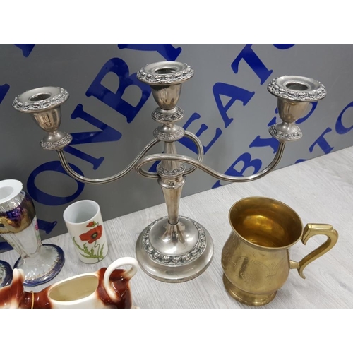 113 - COLLECTION OF MIXED ITEMS INCLUDING SILVER PLATED CANDLESTICK HOLDER, ROYAL WORCESTER PLATES, POTS A... 