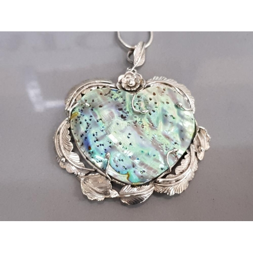 128 - SLIVER PENDANT WITH HEART SHAPED ABALONE SHELL ON METAL NECKLACE 28.4 GRAMS GROSS