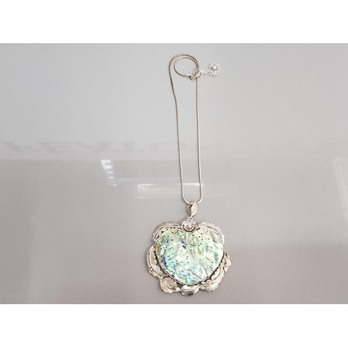 128 - SLIVER PENDANT WITH HEART SHAPED ABALONE SHELL ON METAL NECKLACE 28.4 GRAMS GROSS