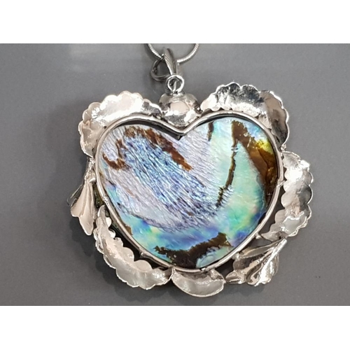 128 - SLIVER PENDANT WITH HEART SHAPED ABALONE SHELL ON METAL NECKLACE 28.4 GRAMS GROSS