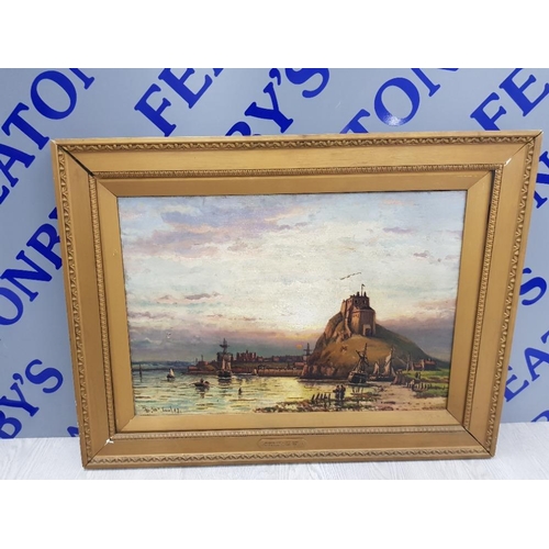 17 - D L MCLEA ANTIQUE OIL PAINTING LINDISFARNE ABBEY AND HOLY ISLAND CASTLE AT SUNSET SIGNED AND DATED 1... 