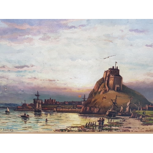 17 - D L MCLEA ANTIQUE OIL PAINTING LINDISFARNE ABBEY AND HOLY ISLAND CASTLE AT SUNSET SIGNED AND DATED 1... 