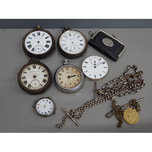 179 - 4 ANTIQUE SILVER WATCHES (ALL BROKEN) AND CHAINS ALSO WITH COIN HOLDER MINI PURSE