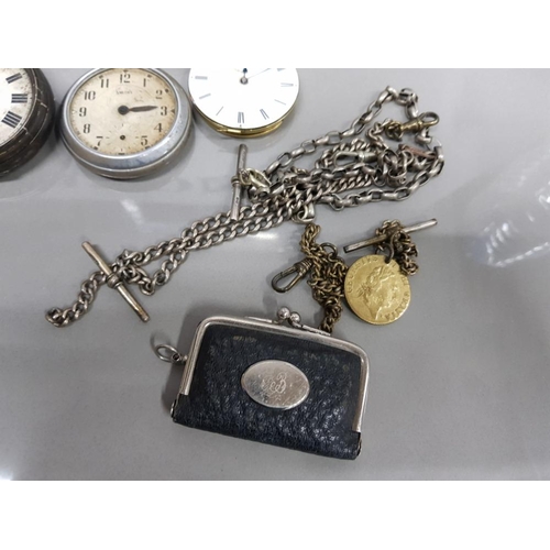 179 - 4 ANTIQUE SILVER WATCHES (ALL BROKEN) AND CHAINS ALSO WITH COIN HOLDER MINI PURSE