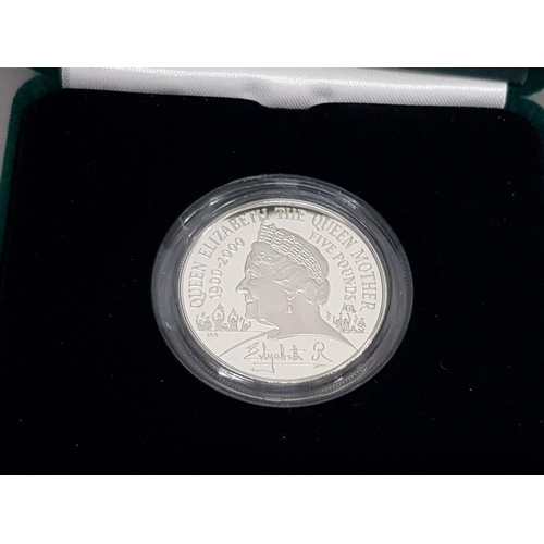 18 - ROYAL MINT SILVER PROOF PIEDFORT 2000 £5 CROWN QUEEN MOTHER 100TH BIRTHDAY COIN IN CASE AND COA