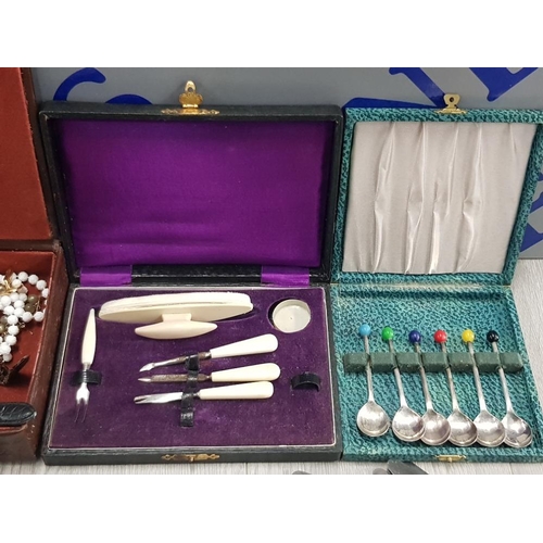 42 - A BOX OF MISCELLANEOUS CUTLERY AND COSTUME JEWELLERY