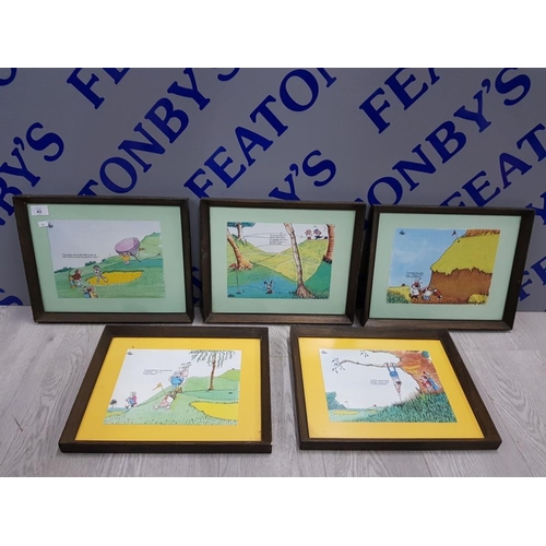 43 - 5 FRAMED PRINTS OF GOLFING HUMOUROUS SCENES SIGNED BY TREN