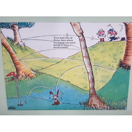 43 - 5 FRAMED PRINTS OF GOLFING HUMOUROUS SCENES SIGNED BY TREN