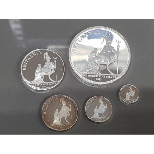 55 - UK 2013 BRITANNIA SILVER PROOF YEAR SET COMPLETE WITH 5 COINS IN CASE AND BOX OF ISSUE WITH CERTIFIC... 