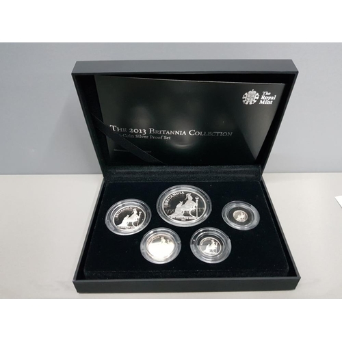 55 - UK 2013 BRITANNIA SILVER PROOF YEAR SET COMPLETE WITH 5 COINS IN CASE AND BOX OF ISSUE WITH CERTIFIC... 