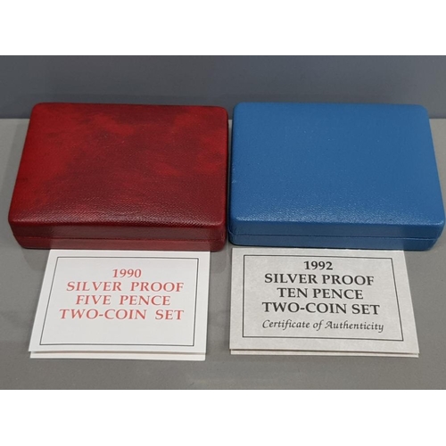 58 - ROYAL MINT 1990 5P SILVER PROOF 2 COIN SET AND 1992 10P SILVER PROOF 2 COIN SET BOTH SETS IN CASES O... 