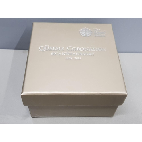 63 - UK 2013 5 POUND QUEENS CORONA ANNIVERSARY SILVER PROOF GOLD PLATED COIN IN BOX AND CASE OF ISSUE WIT... 