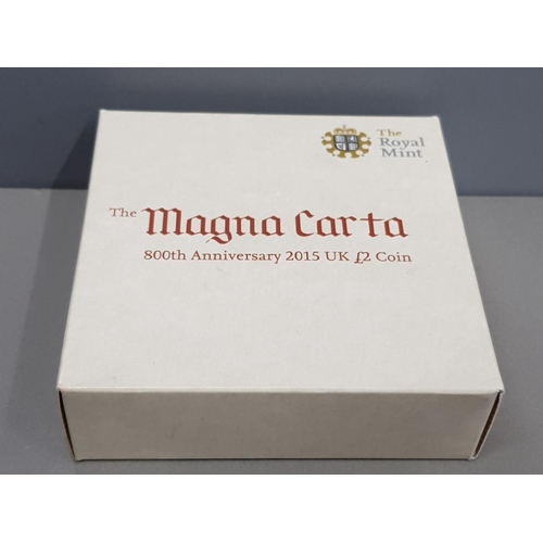 64 - UK 2015 2 POUND MAGNA CARTA SILVER PROOF COIN IN BOX AND CASE OF ISSUE WITH CERTIFICATE