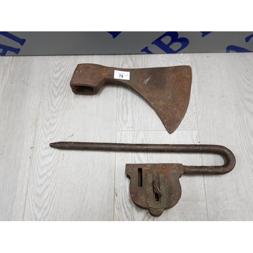 78 - LARGE ANTIQUE LOCK AND KEY WITH AXE HEAD