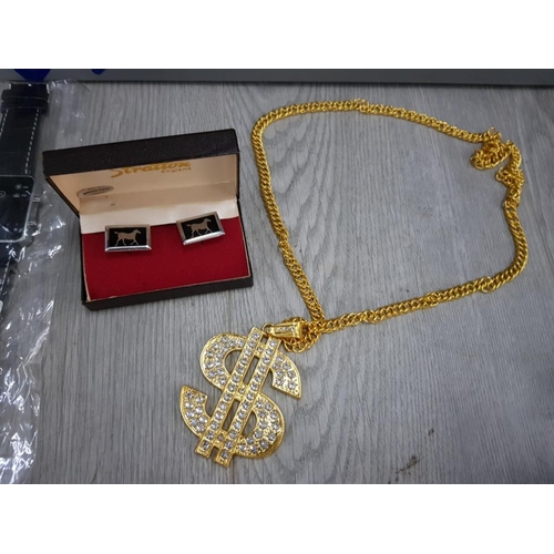 97 - MIXED ITEMS INCLUDING COSTUME JEWELLERY DOLLAR NECKLACE, CUFFLINKS,  2 WATCHES, A PAIR OF SUPERMAN H... 