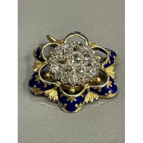 340 - ANTIQUE DIAMOND CLUSTER BROOCH FITTING WITH PENDANT LOOP SURROUNDED BY BLUE ENAMEL 18G